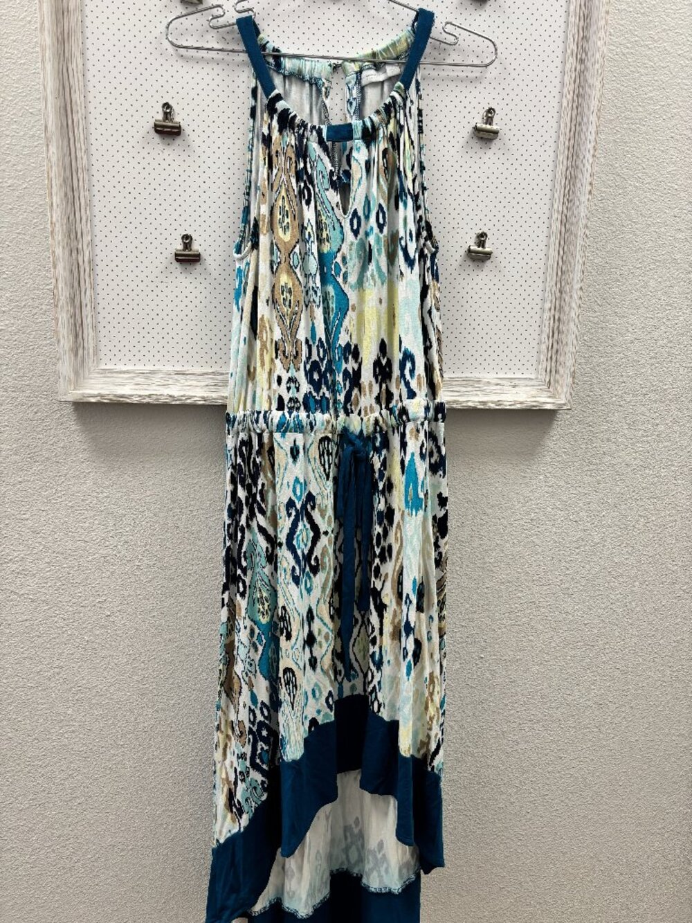 New York & Company Stretch Dress Small Ikat Print High Low Hem Teal Belted